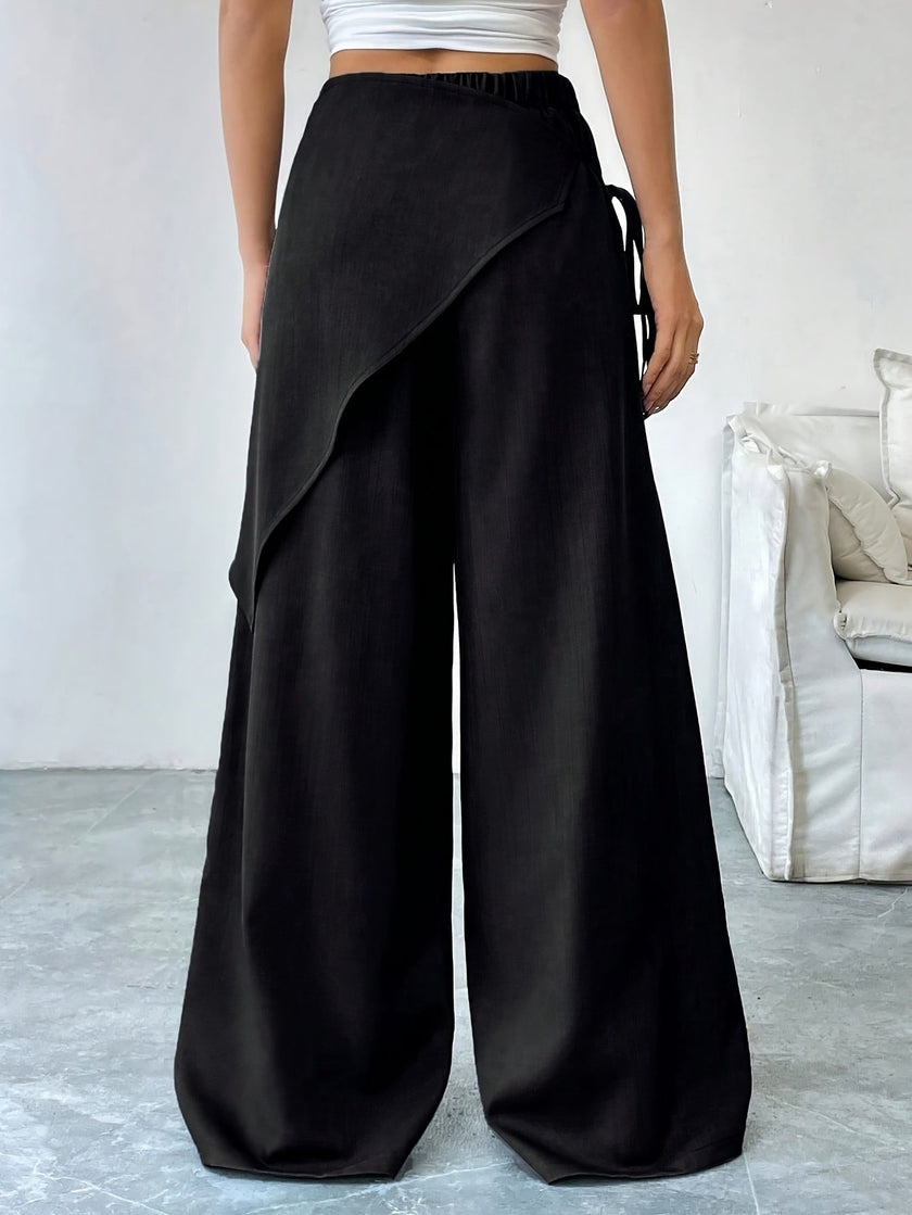 Wide Leg Trousers Women Cotton Blend Wrap Front High Waist