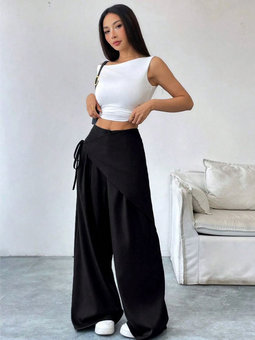 Wide Leg Trousers Women Cotton Blend Wrap Front High Waist
