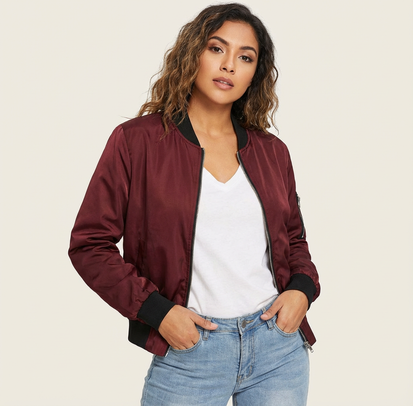 Bomber Jacket Women Lightweight Ribbed Cuffs Casual