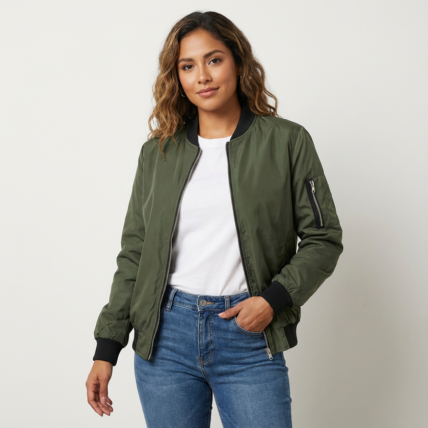 Bomber Jacket Women Lightweight Ribbed Cuffs Casual