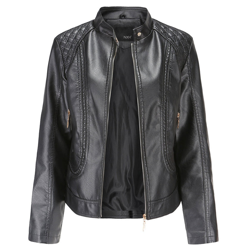Leather Jacket Women Quilted Shoulder Stand Collar