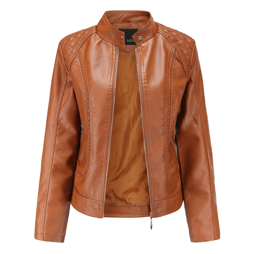 Leather Jacket Women Quilted Shoulder Stand Collar