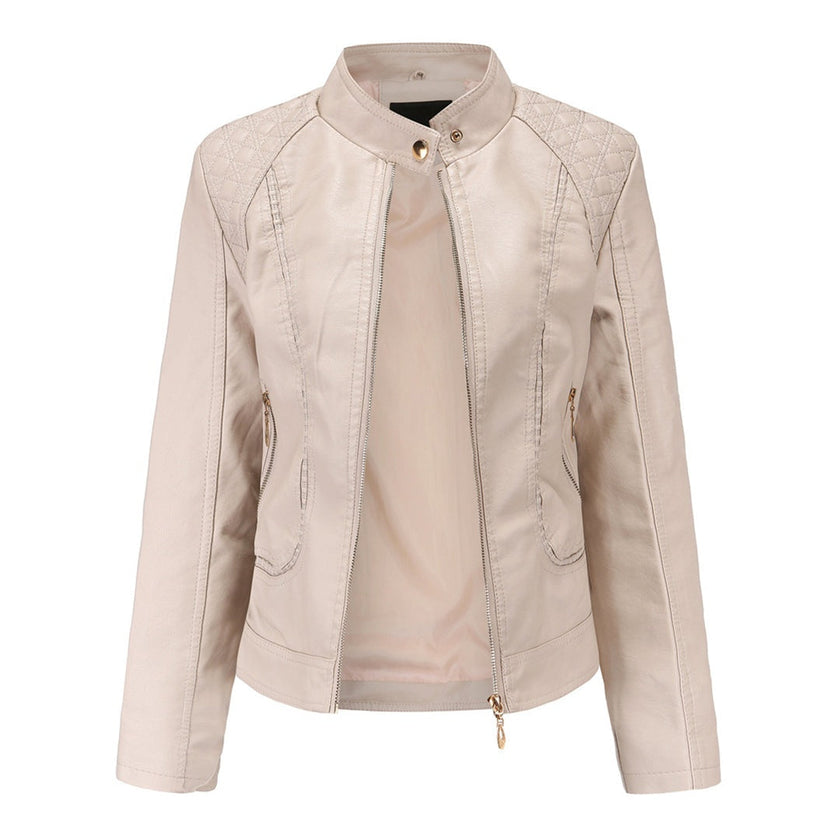 Leather Jacket Women Quilted Shoulder Stand Collar