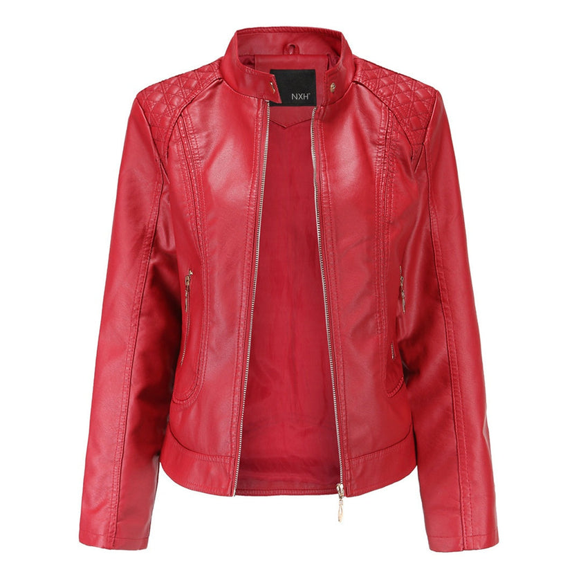 Leather Jacket Women Quilted Shoulder Stand Collar