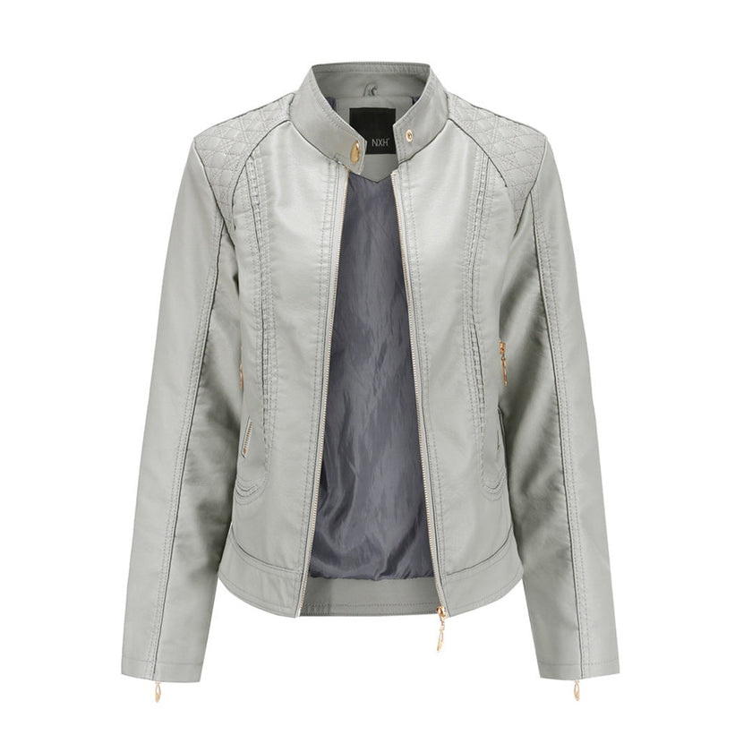 Leather Jacket Women Quilted Shoulder Stand Collar