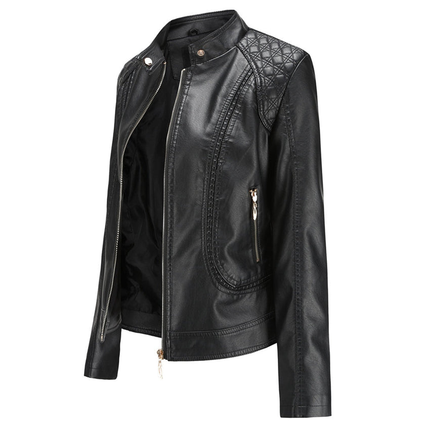 Leather Jacket Women Quilted Shoulder Stand Collar
