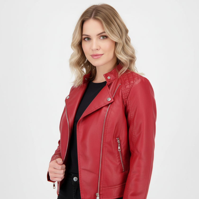 Leather Jacket Women Quilted Shoulder Stand Collar