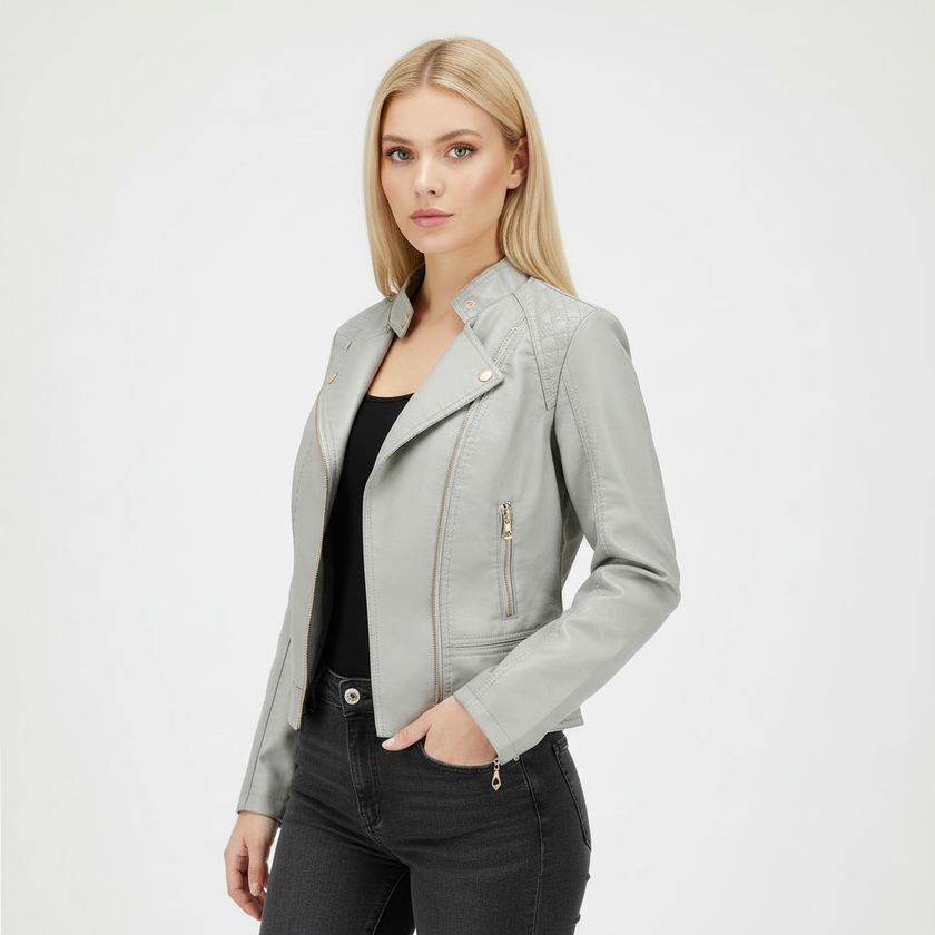 Leather Jacket Women Quilted Shoulder Stand Collar