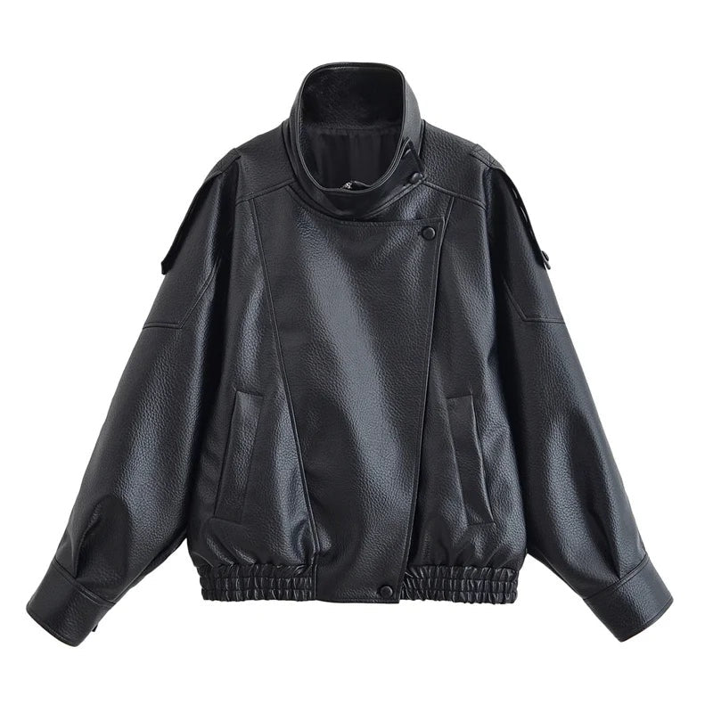 Leather Look Jacket Women High Collar Relaxed Fit