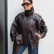 Leather Look Jacket Women High Collar Relaxed Fit