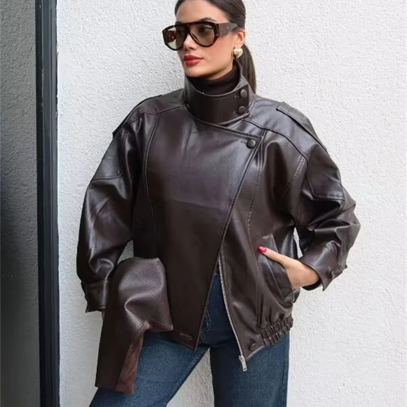 Leather Look Jacket Women High Collar Relaxed Fit