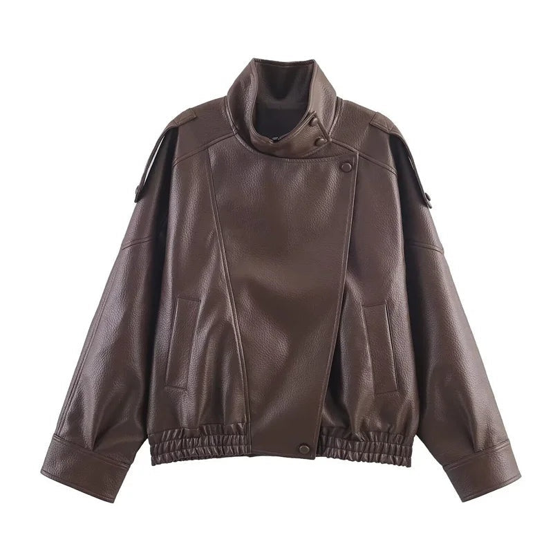 Leather Look Jacket Women High Collar Relaxed Fit