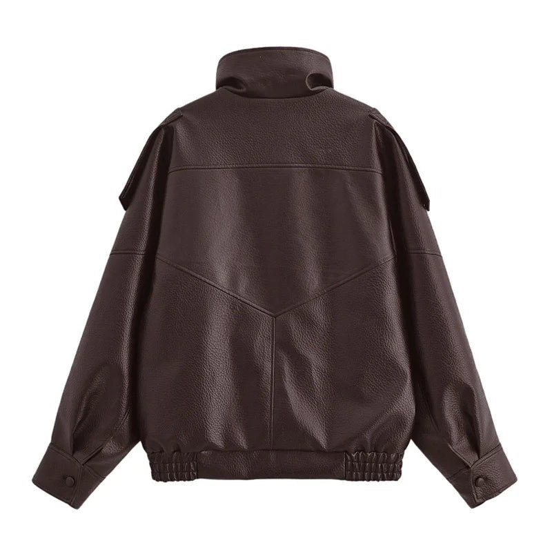 Leather Look Jacket Women High Collar Relaxed Fit