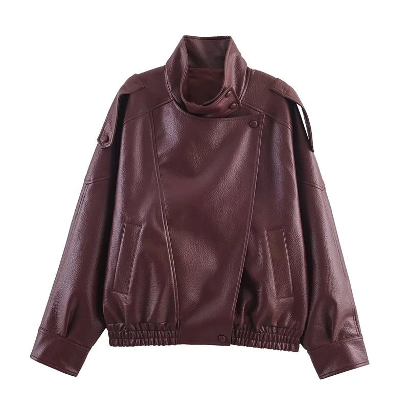 Leather Look Jacket Women High Collar Relaxed Fit