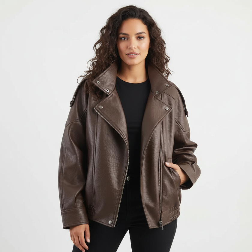 Leather Look Jacket Women High Collar Relaxed Fit