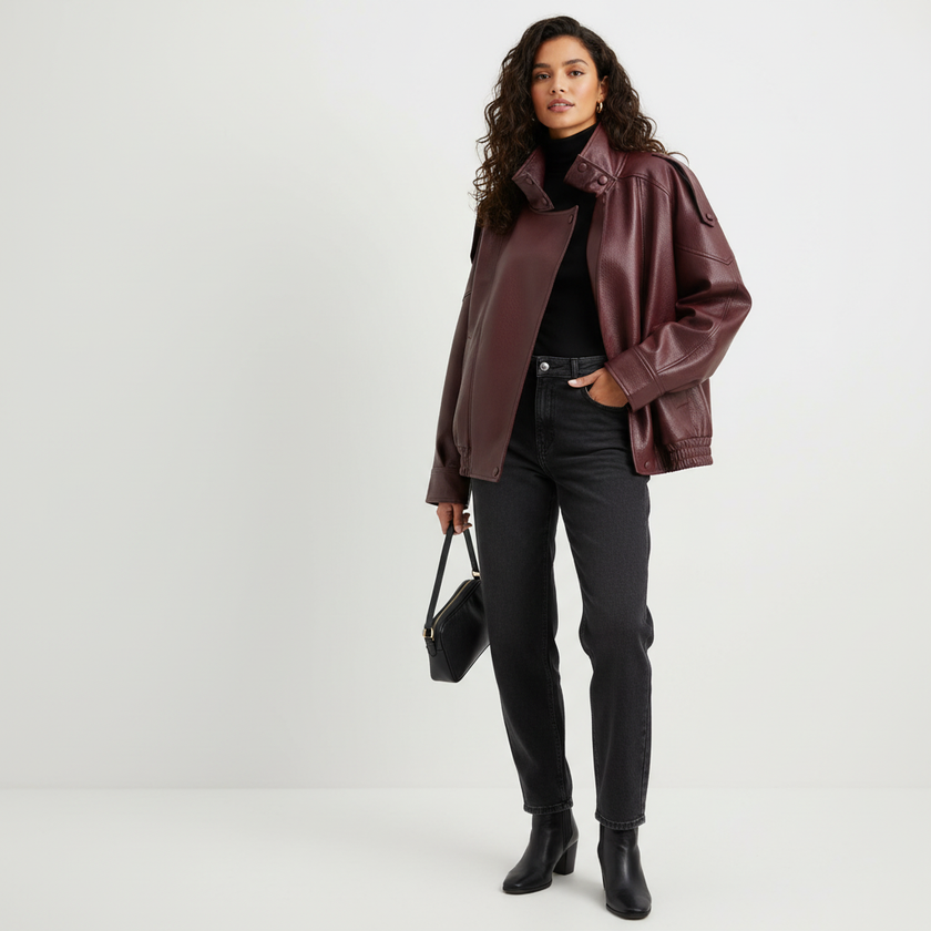 Leather Look Jacket Women High Collar Relaxed Fit