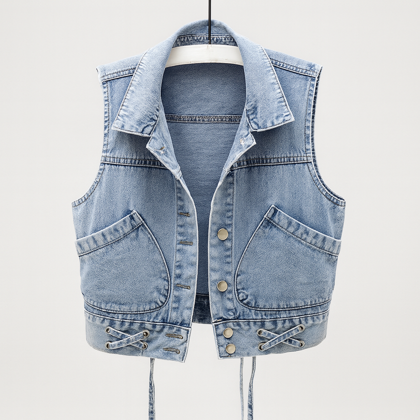 Sleeveless Denim Vest Women Button Front Pockets