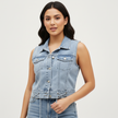 Sleeveless Denim Vest Women Button Front Pockets