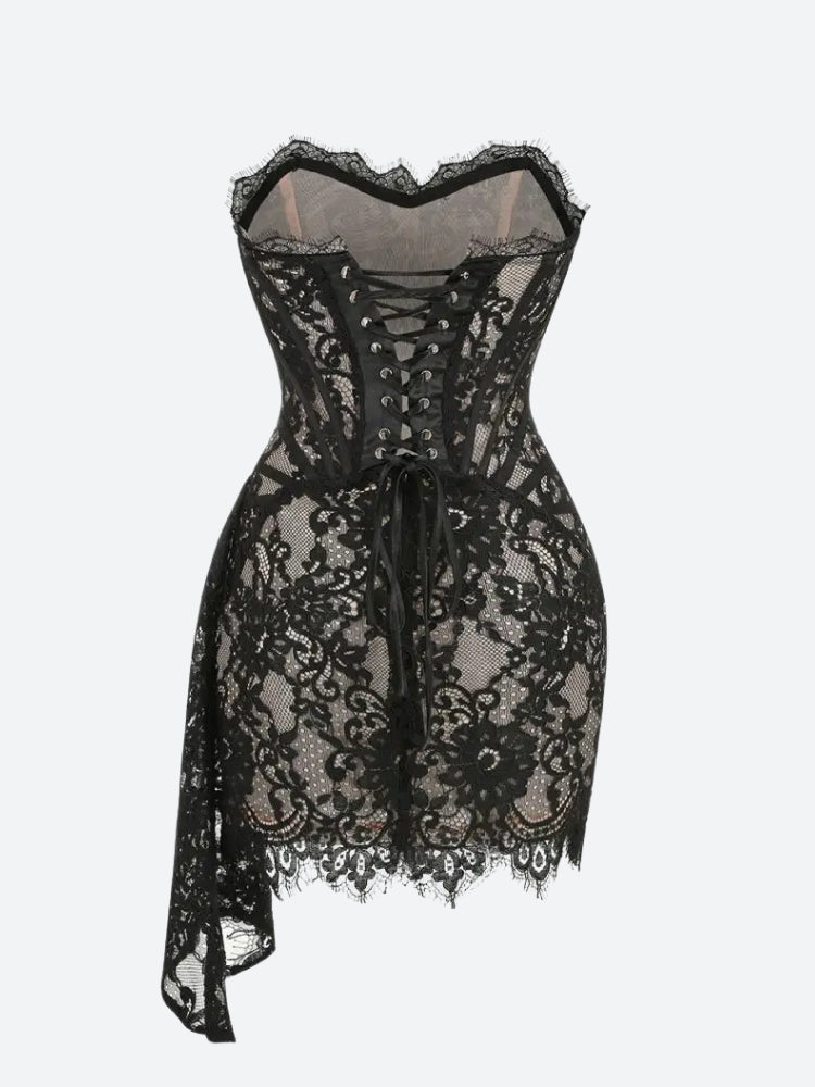 FJØRNA strapless lace mini dress for women, stylish party and day dress with intricate lace details, sleeveless design.