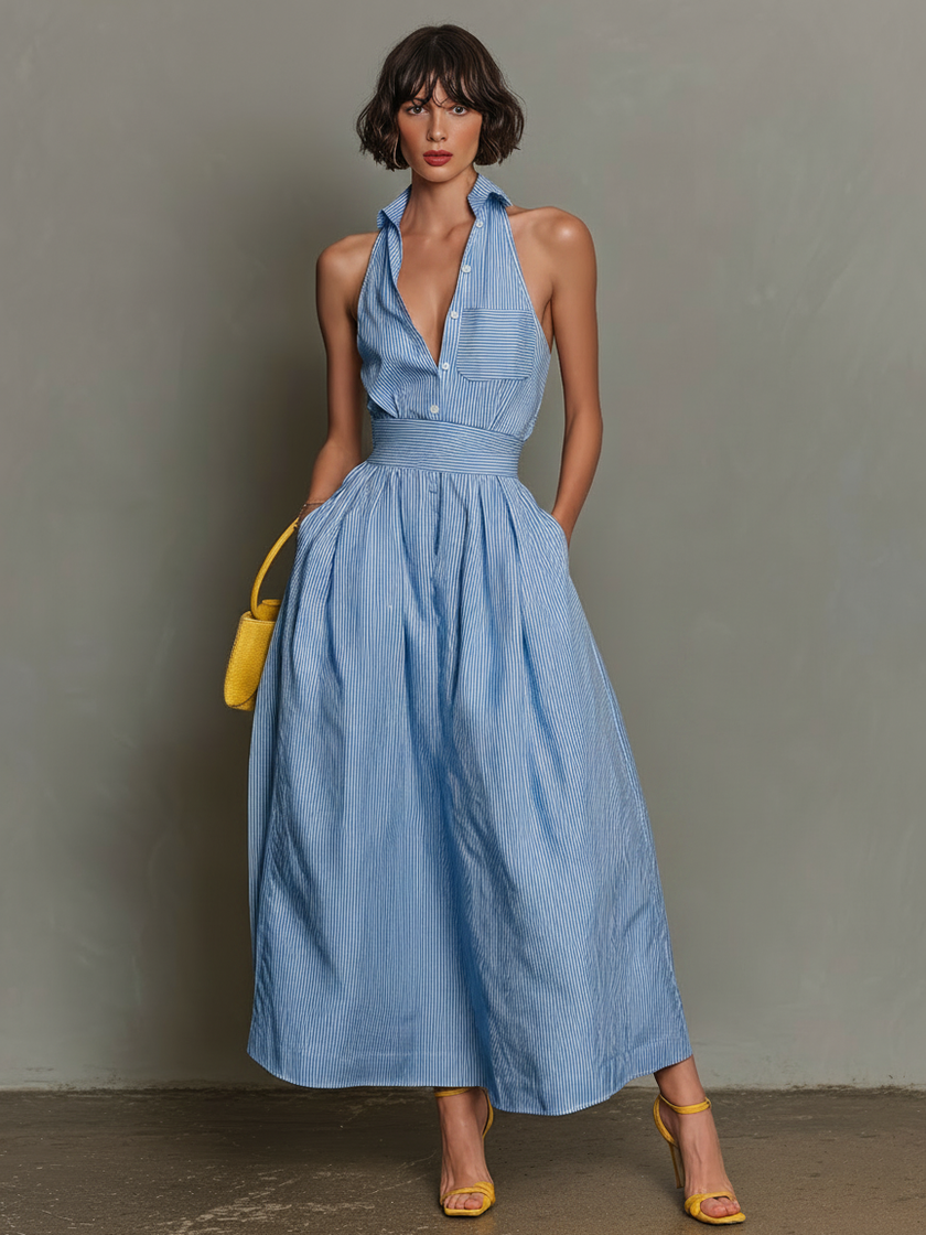 FJØRNA striped maxi dress for women, flowing fabric with horizontal stripes, sleeveless design, and V-neck neckline.