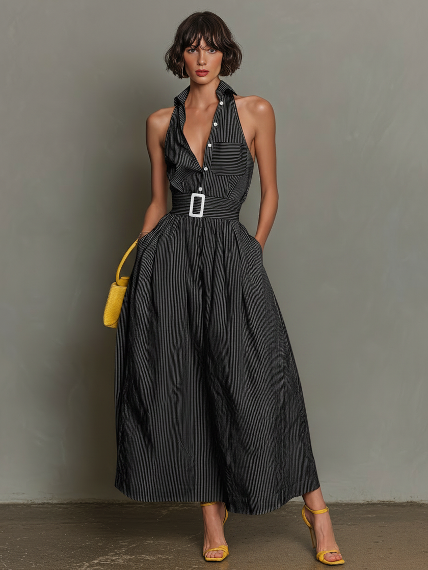 FJØRNA striped maxi dress for women, flowing long dress with vertical stripes, sleeveless design, perfect for summer wear.