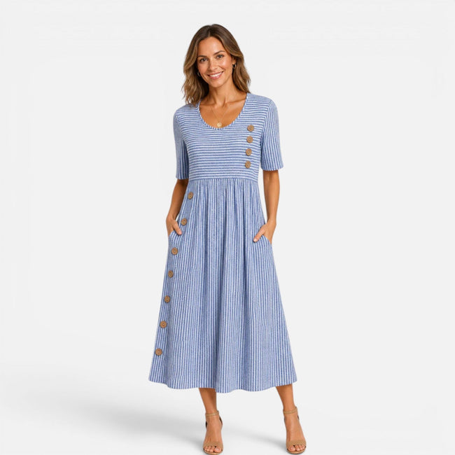 FJØRNA women's striped midi dress with button details and pockets, stylish and comfortable for casual wear.
