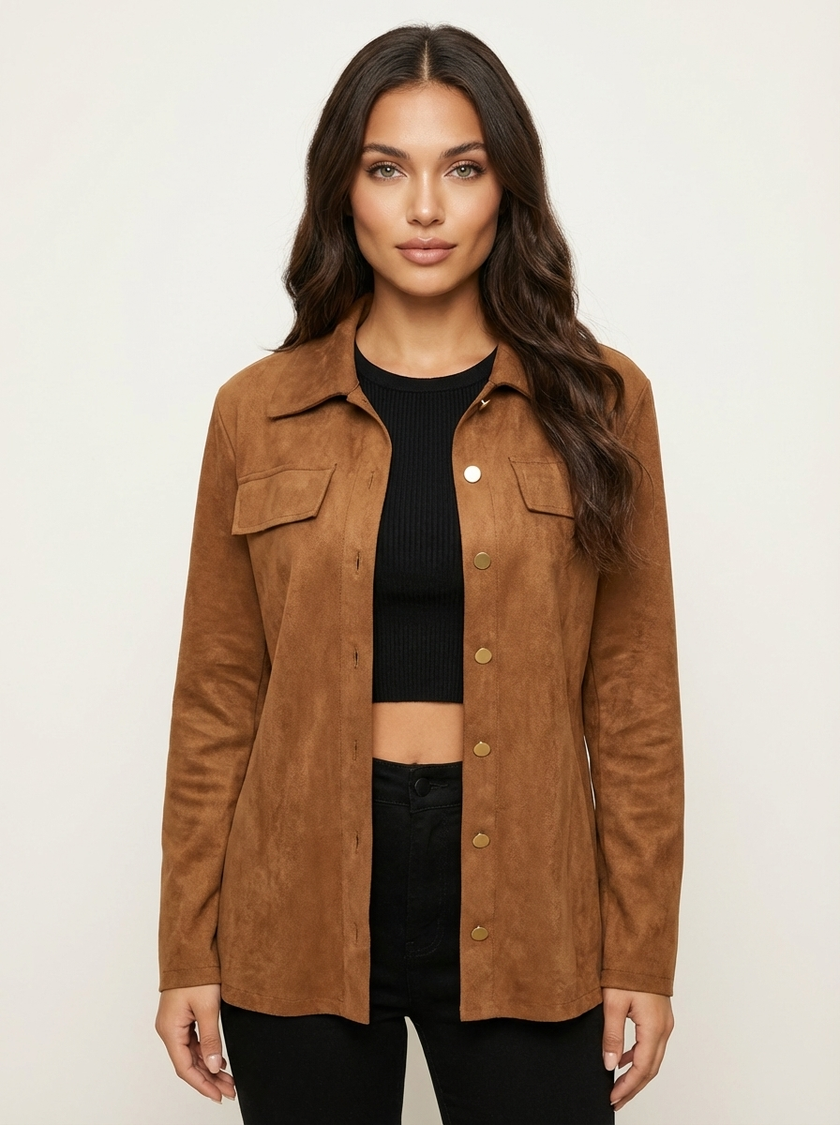 Jacket Women Suede Look Button Front Classic Collar