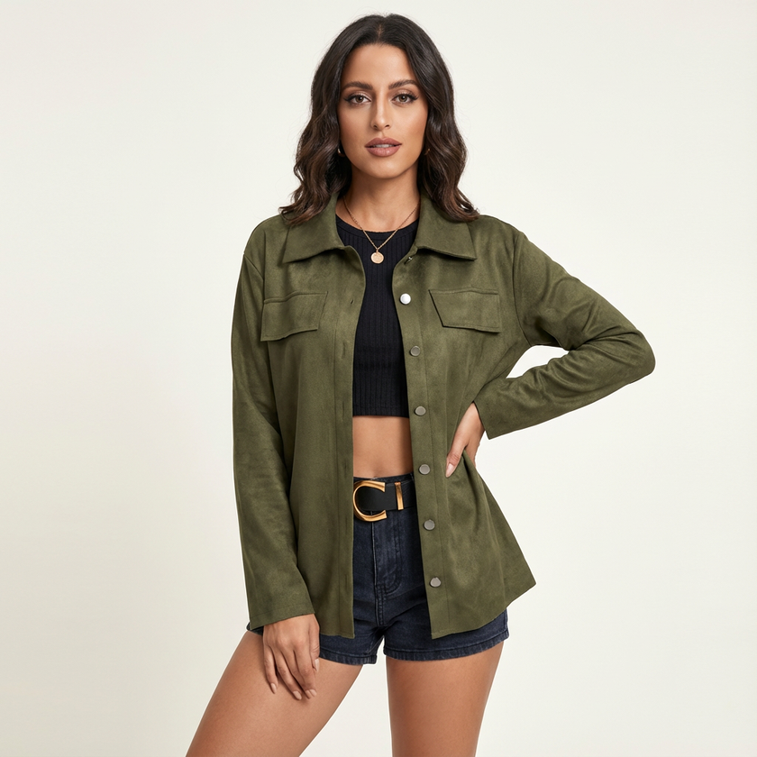 Jacket Women Suede Look Button Front Classic Collar