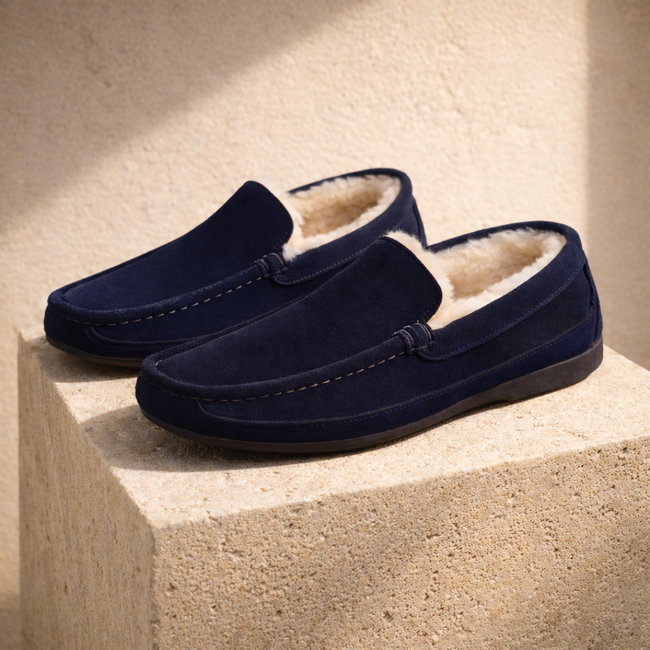 Men's suede wool-lined slippers by FJØRNA, cozy winter shoes with soft wool interior and durable suede exterior.