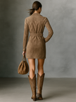 FJØRNA suede long sleeve midi dress for women, showcasing a fitted silhouette with a smooth suede texture and elegant design.