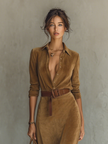 FJØRNA women's suede maxi dress featuring a flowy silhouette and elegant design, shown on a model in a neutral setting.