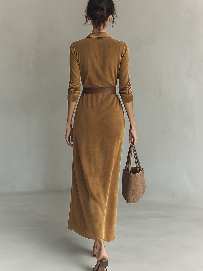 FJØRNA suede maxi dress for women featuring a flowing silhouette and long sleeves, perfect for elegant occasions.