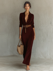 FJØRNA suede maxi dress for women, flowing long dress with a soft suede texture and elegant silhouette.