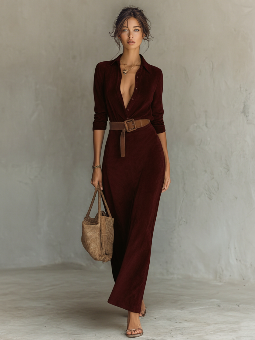 FJØRNA suede maxi dress for women, flowing long dress with a soft suede texture and elegant silhouette.