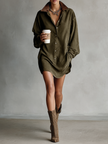 FJØRNA suede mini dress for women, showcasing a stylish, fitted design with long sleeves and soft suede fabric.