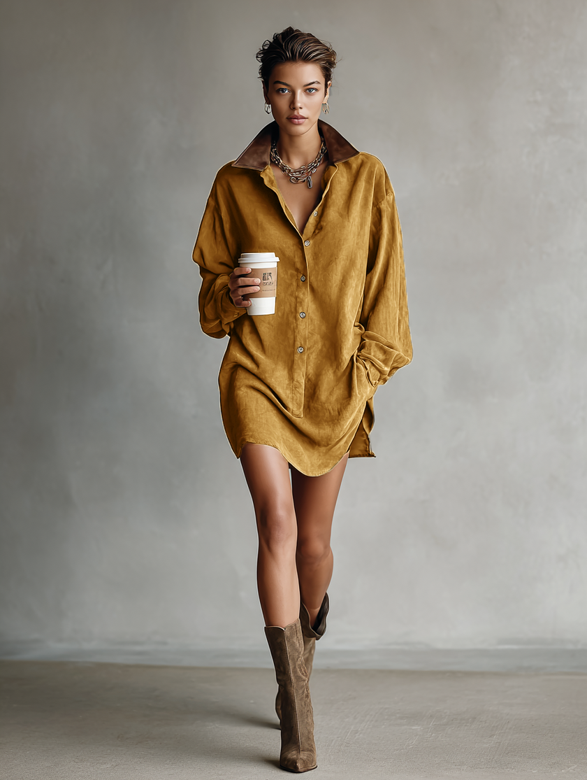 FJØRNA suede mini dress for women, featuring a stylish fit and soft suede material, shown on a model.