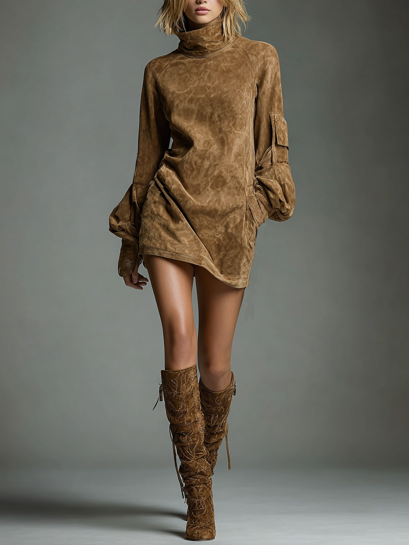 FJØRNA women's suede turtleneck mini dress, shown in a close-up of the fitted silhouette and soft suede fabric.