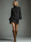 FJØRNA suede turtleneck mini dress for women, showcasing a fitted silhouette with long sleeves and a sleek design.