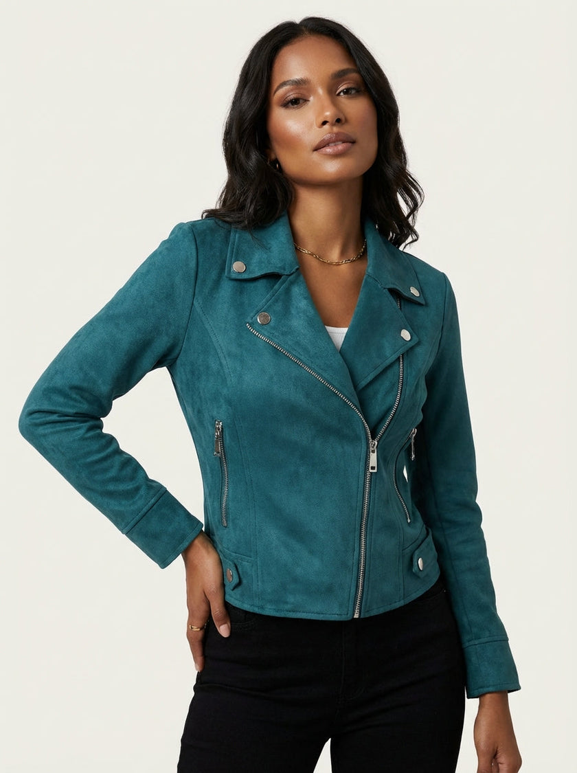 Biker Jacket Women Suede Tailored Fit Asymmetric Zip