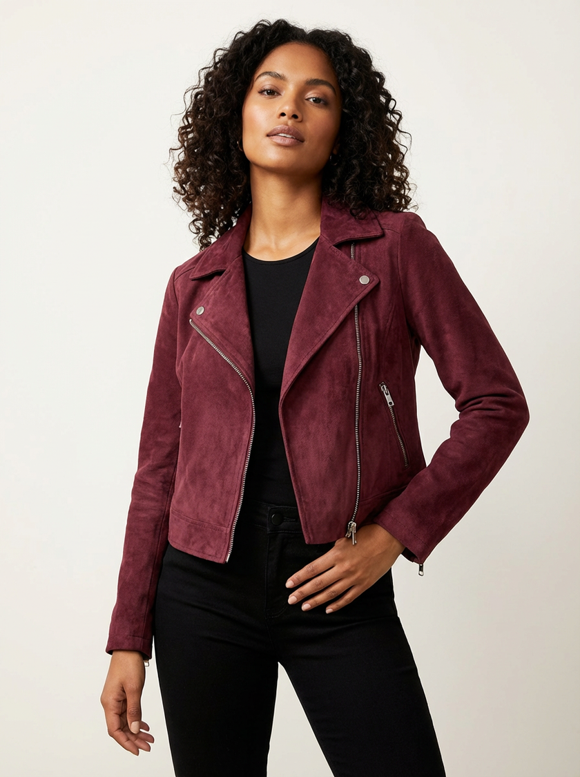 Biker Jacket Women Suede Asymmetric Zip Tailored Fit