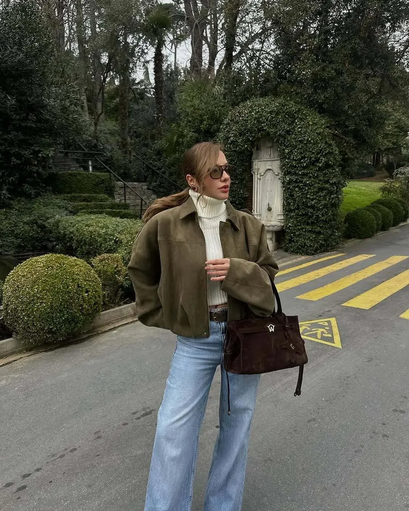 Jacket Women Suede Look Oversized Button Front Relaxed Fit