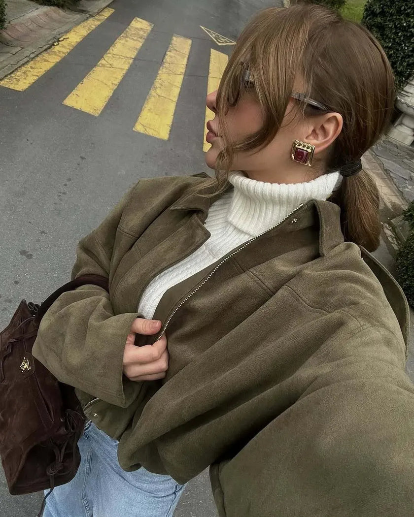 Jacket Women Suede Look Oversized Button Front Relaxed Fit