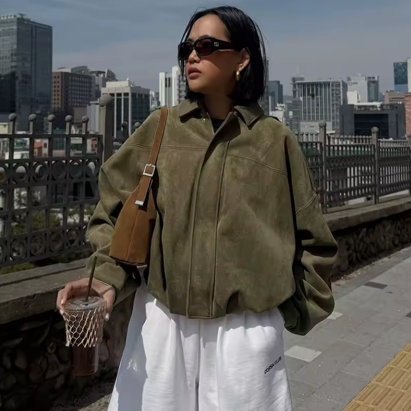 Jacket Women Suede Look Oversized Button Front Relaxed Fit