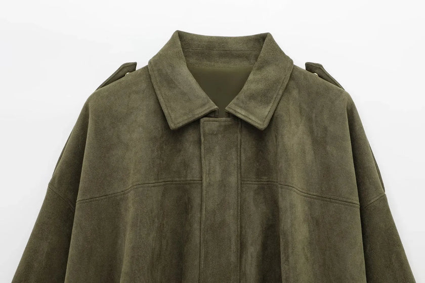 Jacket Women Suede Look Oversized Button Front Relaxed Fit