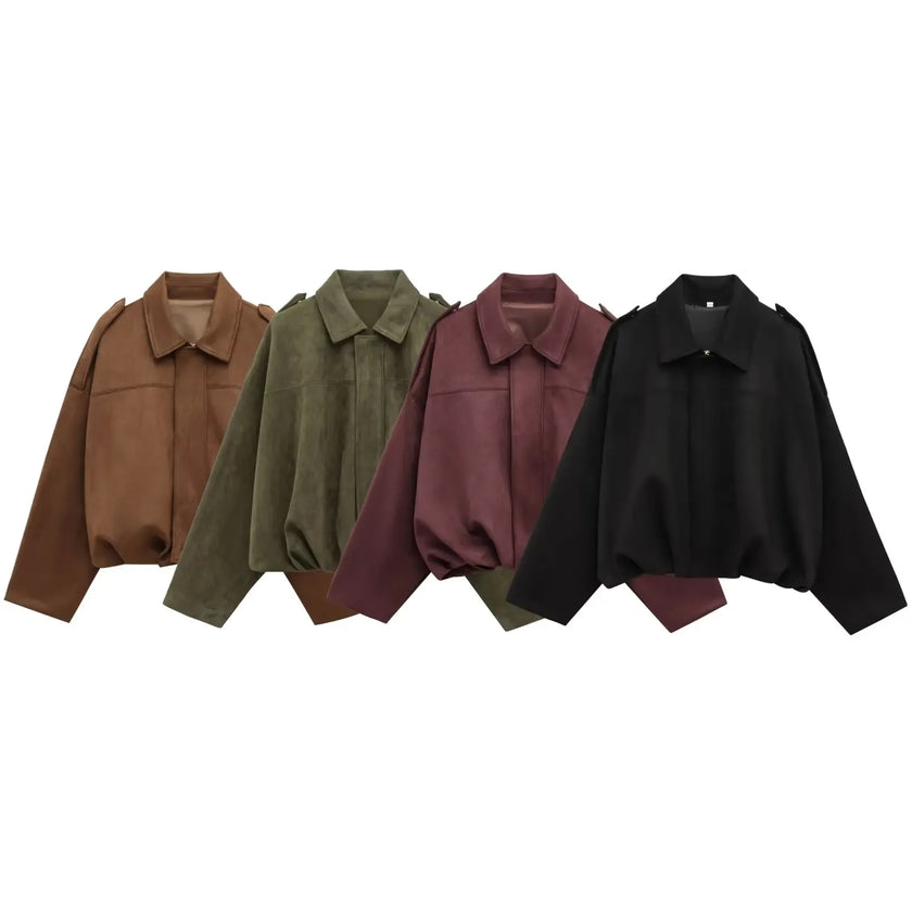 Jacket Women Suede Look Oversized Button Front Relaxed Fit