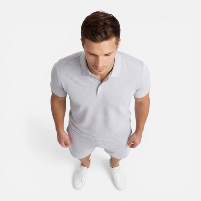 Men's slim fit polo shirt and shorts summer set by FJØRNA, casual men's outfit with a stylish and comfortable look.