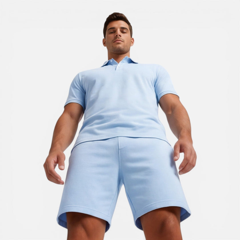 Men's slim fit polo shirt and shorts set by FJØRNA, perfect for summer casual wear, featuring a comfortable and stylish design.