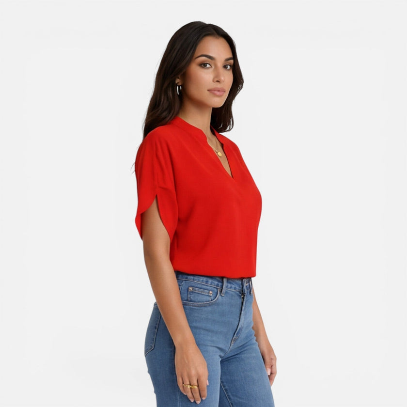 Lightweight women's chiffon V-neck blouse by FJØRNA, perfect for summer casual wear, featuring a breezy, flowy design.