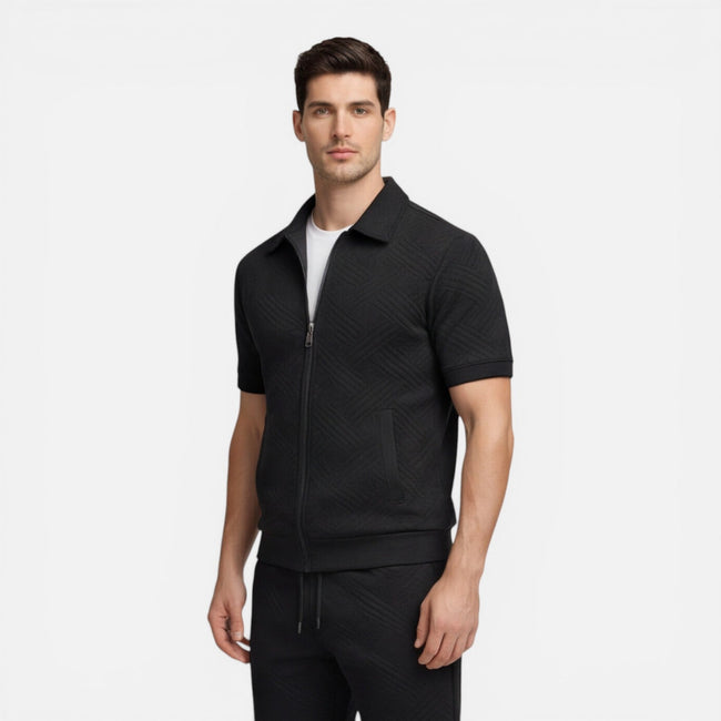 Men's summer matching set by FJØRNA featuring a zip shirt and drawstring shorts in a slim fit style.