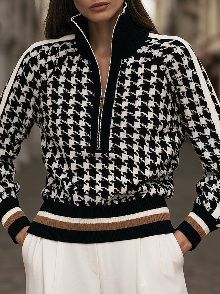 Houndstooth Knit Sweater with Quarter-Zip Stand Collar for Women